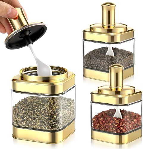 LemonRoad 3 Pack Glass Condiment Pot, 12 Ounce Gold Spice Jars with Spoons and Lids, Seasoning Box Set Salt Container, Sugar Dispense, Kitchen Containers for Flour and Sugar