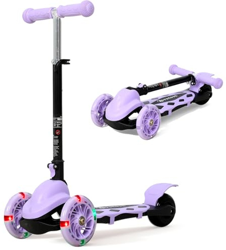 NOVONOVA Patinete Scooter Plegable, Patinetes para niños y niñas, 2-5 años con Manillar Ajustable 57-72cm, Patinete 3 Ruedas, Patinete con Luces y Freno Posterior, Máx. 50kg (Morado)
