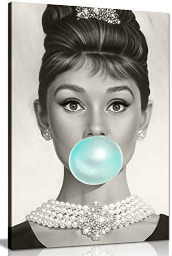 Panther Print Audrey Hepburn Kunstdruck Leinwanddruck Bubblegum Blau, blau, A3 46x31 cm (18x12in)