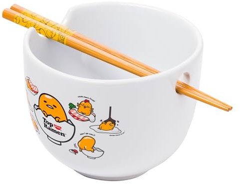 Silver Buffalo Sanrio Gudetama Lazy Egg Poses Top Ramen Nissin Top Ramen Ceramic Ramen Noodle Rice Bowl with Chopsticks, Microwave Safe, 20 Ounces
