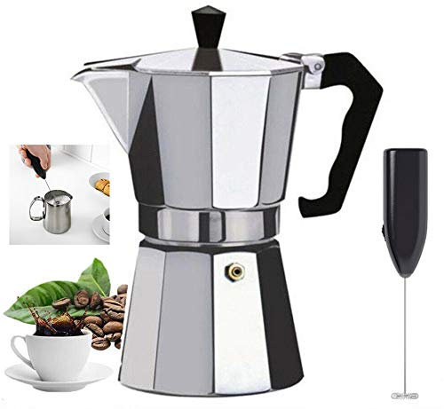 HK Online Cafetière italienne à expresso et mousseur à lait électrique – Percolateur continental pour camping, caravane, brassage de café riche (6 tasses d'expresso et mousseur)