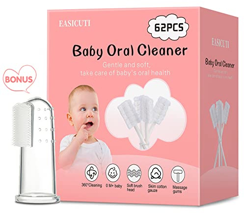 EASICUTI 62PCS Baby Tongue Cleaner, Baby Oral Cleaner Newborn Baby Toothbrush,Disposable Infant Toothbrush Clean Mouth,Gauze Gum Clean Stick Dental Care for 0-36 Month +1 Finger Toothbrush with Case