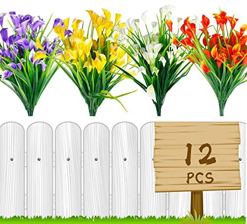 Leixi Artificial flowers,12Pcs Fake Calla Lily Flowers Plants Outdoor Decor,UV Resistant Faux Plants Plastic Spring Flower Indoor Outside Hanging Planter Home Kitchen Garden Porch Decor (Multi)