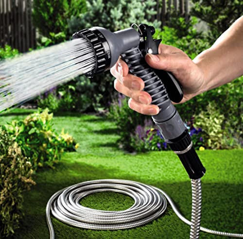 MySmartBuy Garden Hose Stainless Steel 50ft with 7 Function Spray Gun - Lightweight Outdoor Rust Proof Water Hose - Tangle Free Strong Hardwearing Hose, Silver, 3293724F50