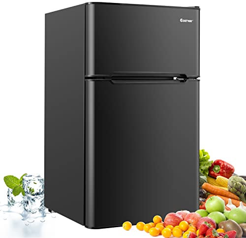 COSTWAY Frigorifero 90 L (27+63), Freezer Separato con 2 Ante e Luce LED, Refrigerazione Rapida, Silenzioso, Mini Frigo per Ufficio Casa Bar Hotel, 220-240 V/50 Hz (Nero)