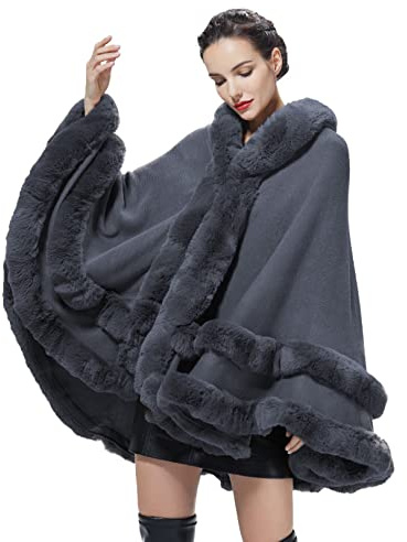 BEAUTELICATE Poncho Fourrure Femme Cape à Capuche Châle Étole Tricoté Manteau Léger pour Automne Hiver Mariage Soirée Gala Mariée Demoiselle d'honneur(Taille Unique, Gris Fumé)