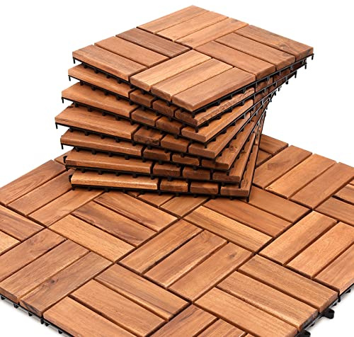 Izrielar Holzfliesen 11er| 30 × 30cm| 1 m² pro bodenfliesen |aus Akazien Holz| Outdoor & Indoor Bodenbelag Balkon mit Drainagensystem & Klicksystem, Braun