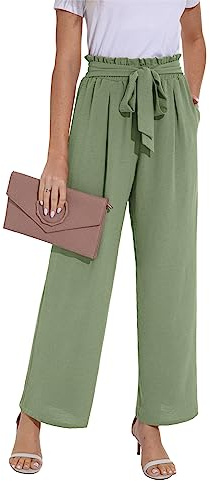 PrinStory Wide Leg Trousers Women Causal Loose Fit Palazzo Trousers For Women UK Elastic Waist Pants For Outfits Work Summer Beach Vacation (Pale Green, S)