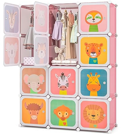 COSTWAY Kids Clothes Closet, 12 Cube Children Wardrobe(Pink,109x37x145cm) | with Hanging Sections, Cartoon Storage Unit for Kids Room Nursery Bedroom