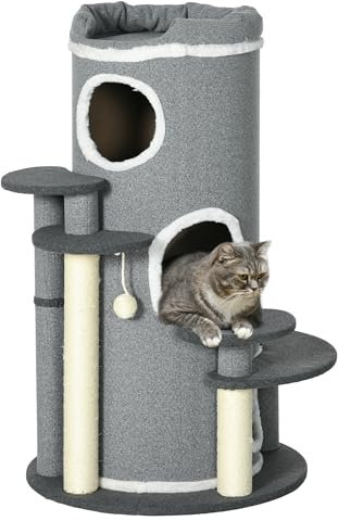 PawHut Kratzbaum 99 cm Katzenturm mit 3 Höhle, Spielball, Sisalstämme, Plattform, mehrstöckiger Katzenkratzbaum, Kletterbaum, für mittelgroße Katzen, Grau