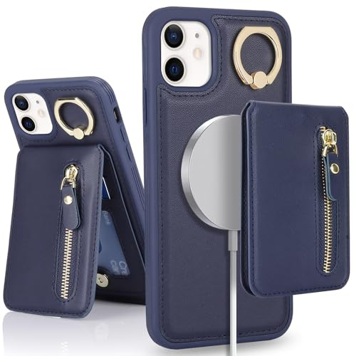 SailorTech iPhone 12/12 Pro telefonläderfodral med kreditkortshållare, magnetisk säker, iPhone 12/12 Pro fodral ringstativ med ställ och kortfack, plånbok, avtagbar 2-i-1 blixtlåsfodral – marinblå
