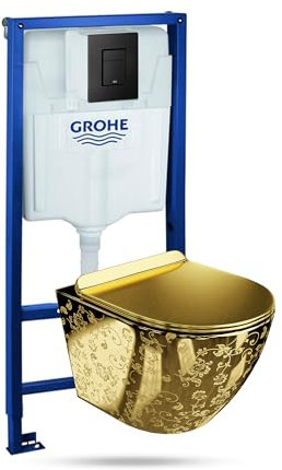 LAVITA Ensemble complet de WC suspendu mural Sofi Slim Golden Eye Or sans rebord + siège de WC SoftClose Bouton noir - Élément de mur avant Solido - Réservoir intégré Toilette Set complet de WC