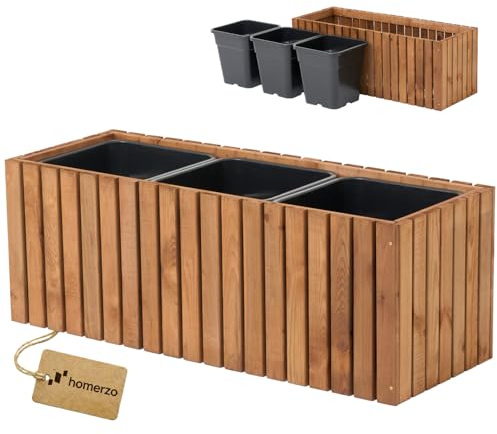 HOMERZO Bac à Plantes en Bois – imprégné et résistant aux intempéries – avec Insert en Plastique Amovible – Jardinière surélevée pour Balcon, Jardin, terrasse (Vertical-Brun 98x36 H35 cm)