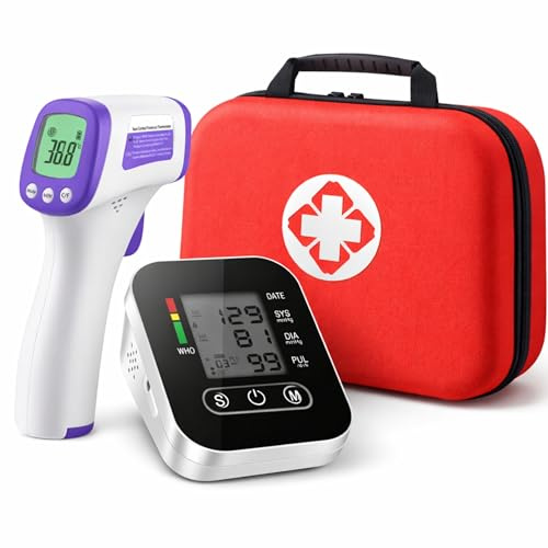 Tensiomètre Bras Électronique + Thermomètre Frontal Sans Contact – Kit Santé Complet à Domicile – Mesure Rapide & Précise – Écran Large – Mallette Incluse – Idéal Famille & Seniors - Piles Incluses