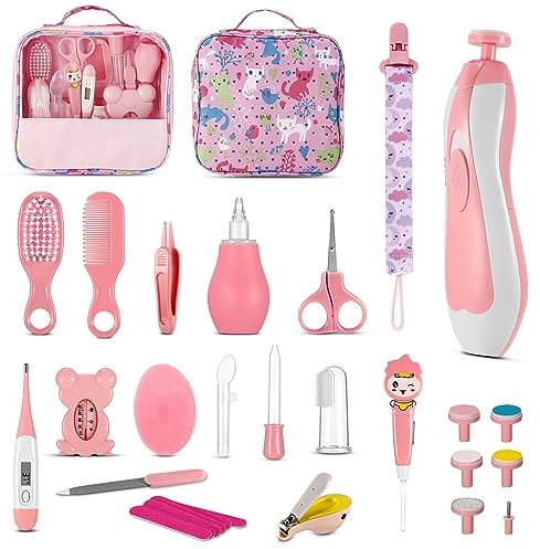 ZONJIE Kit de Aseo para Bebés, 28 Piezas Accesorios para Cuidado de Salud del Recién Nacido, Juego Portátil para Cuidado de Salud del Bebé con Cepillo para Cabello (Rosa)