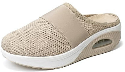JOMIX Sabots Femme Respirant en Maille Talon Compensé Tongs Femmes Orthopédiques Chaussures de Jardin Confortable (Beige, 39)