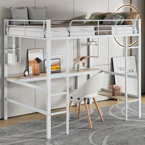 Huayz Letto a soppalco in metallo, 90 x 200 cm, per bambini, adolescenti e adulti, letto a castello, con scrivania e mensola, protezione anticaduta, design sicuro, bianco, 90 x 200 cm