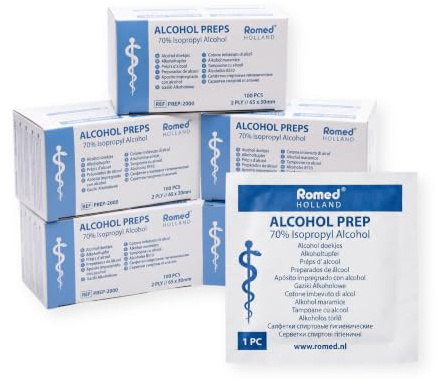 Romed Alkoholtupfer 65 x 30 mm, 2-lagig, Spar-Set 5 x 100 Stück, hygienisch eingesiegelt (1 Set = 1 x 5 x 100 Stück)