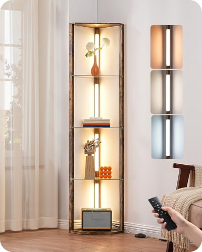 EDISHINE Corner Shelf with Light, 5-Tier Glass Display Shelf with Remote/Foot Control, 3CCT & Dimmable Corner Lamp, Open Display Cabinet, Standing Lamp for Living Room, Bedroom, Flamewood Color