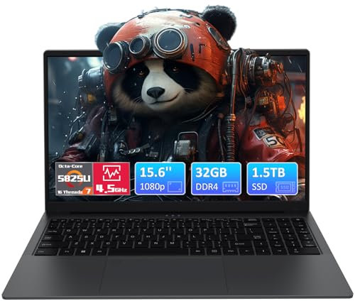Pryloxen Gaming Laptop, 32GB DDR4 RAM 1.5TB SSD, Octa-Core 5825U CPU(4.5 GHz) 15.6 Zoll Full HD Notebook, Fingerprint Reader, Privacy Shutter, Mini HDMI, USB-C, Webcam, Student/Business Laptop