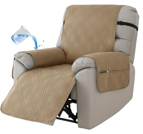 Accmuzzy Recliner Chair Covers 1 Seat Waterproof Furniture Protector, Recliner Sofa Cover with 6 Side Pockets & Elastic Straps, Non Slip Recliner Chair Cover for Pets, Kids (Khaki)