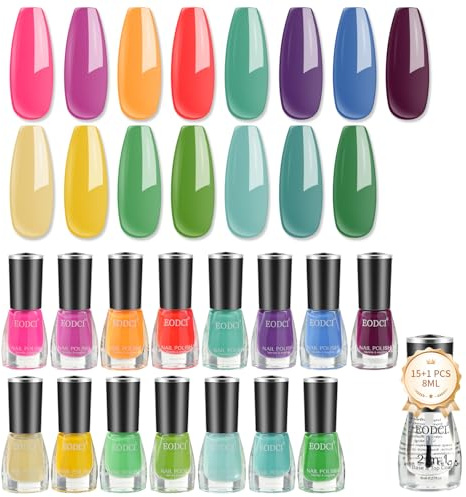 eodci 16PCS Kit de Esmalte de Uñas, 15 Colores Brillantes, Juego de Esmalte de Uñas de Secado Rápido con Base/Top Coat 2 en 1, Colores de Primavera y Verano, Juego de Esmalte de Uñas para Dedos