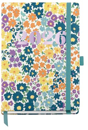Miquelrius - Veckovisningskalender 2026, lätt att bära (122 x 168 mm), veckoplanering, hårt kartongomslag, spiral, elastisk gummiförslutning, papper 80 g/m², CAT-EN-PT, blommor