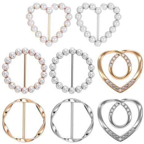 Lot de 8 clips pour écharpe, 4 styles, tendance, rond, rond, t-shirt, cravate, strass, boucle d'écharpe, vêtements, hauts, tour de taille, serre-nœud, épingles à châle en perles pour femmes, cadeaux