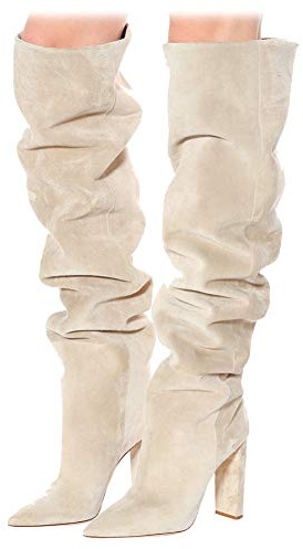 Ceciloroda Women's Thigh High Boots High Heels Slouchy Tall Boots Wide Calf Sexy Pull-On Party Botas para Mujer Comfortable Apricot Size 39