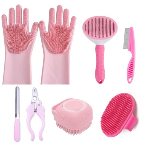 8PCS Dog Bath Supplies Set,Dog Washing Gloves,Shampoo Brush, Shedding Slicker Brush,Complete Pet Grooming Kit for Dog&Cat and Small Animal Grooming(8PCS-Bath-Pink)