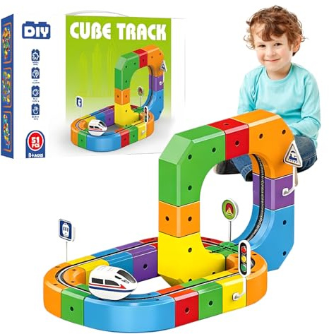 Clickrail Electric Train Set, Magic Rail Cube Train Set, with Gravity-Defying Motorized Car DIY Cube Stem Building Car Track Toys for Kids Boys Girls Gift (51pcs)
