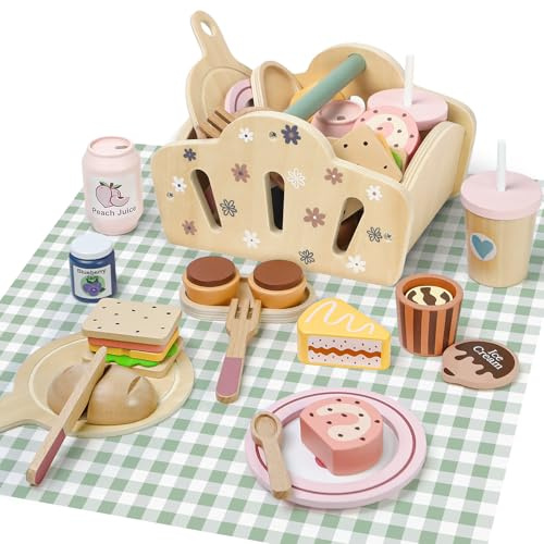 Masonbaby Jouet de Cuisine en Bois, Cuisine Jeux Accessoire Aliment Nourriture, Jouet Éducatif Éveil Montessori,Jeu de Rôle Jouet en Bois Cadeaux d'anniversaire,Noël pour Garçons Filles