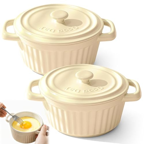 Mini Cocotte con coperchio, piccola pirofila in porcellana con manici, in ceramica, piccoli pirottini da forno per lasagne, soufflé, forno, microonde lavastoviglie (beige-S-2 pezzi)