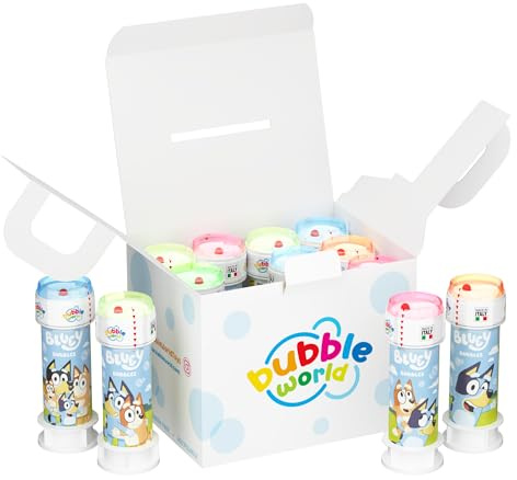 Bubble World Bolle di Sapone Bluey Set 12 Pezzi da 60ml. Regalini Fine Festa Compleanno Bambini Gadget Invitati. Liquido con Gioco Labirinto sul Tappo. Gadget compleanno Made in Italy