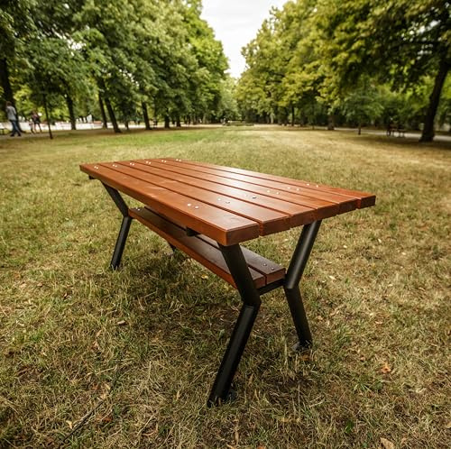 REKORD Mesa de jardín maciza, 170 x 65 x 74 cm, resistente a la intemperie, de acero y madera, robusta mesa de terraza para jardín, parque y gastronomía, mesa de comedor estable al aire libre
