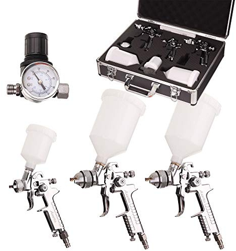 HVLP AUARITA Set Pistolet À Peinture Deux Buse 1,4 + 1,7 Mini Pistolet 0,8 + Régulateur