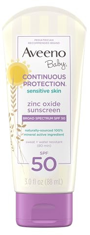 Aveeno Baby Continuous Protection Zinc Oxide Mineral Sunscreen Lotion for Sensitive Skin, Broad Spectrum SPF 50, Tear-Free, Sweat- & Water-Resistant, Paraben-Free, Travel-Size, 3 fl. oz