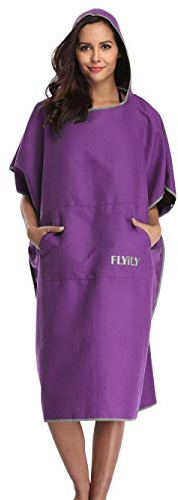 FLYILY Microfibre Surf Poncho Towel with Hood Bath Robe for swimming and beach changing One Size Fit All adults (Purple)