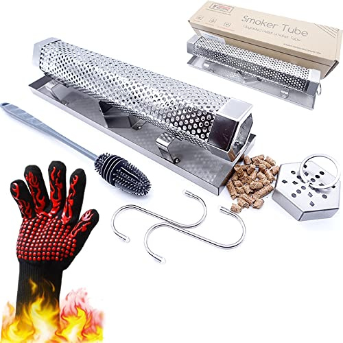 FMOON Uppgraderad pelletsmoker tub med kall/heta rökningsplattformar, 30,48 cm träpelletsrör rökare med värmebeständig handske och 2 krokar och 1 borste och 1 rökrörskydd