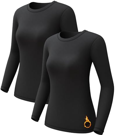 Long Sleeve Thermal Tops for Women Base Layer Ladies Vest Shirts Thermal Underwears Inner Wear Warm Ski Hiking Clothing 2pc Black-Black XL