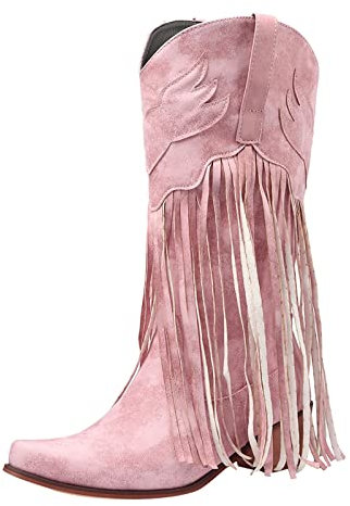 Générique Santiags Femme Western Frange Botte Indiennes Mi-Mollet Plates Bottes de Cowboy Larges Mollets Rétro Confortables Boots Equitation Bottes Motard Ado Filles Cowboy Western Bottines d'écurie