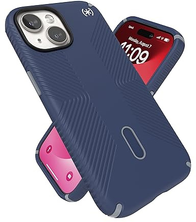 Speck Coque pour iPhone 15, Verrouillage antidérapant ClickLock, Compatible MagSafe, poignée de Protection Contre Les Chutes – pour iPhone 15, iPhone 14, iPhone 13 à 6,1 Pouces – Presidio2 Grip Bleu
