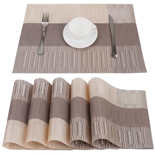 Belle Vous 6-TLG Tischsets Platzsets in Khaki & Braun - PVC Platzsets Abwaschbar, rutschfest, Reißfest - Leicht zu Reinigende, Hitzebeständige & wasserdichte Untersetzer Teller für Restaurant/Hotel