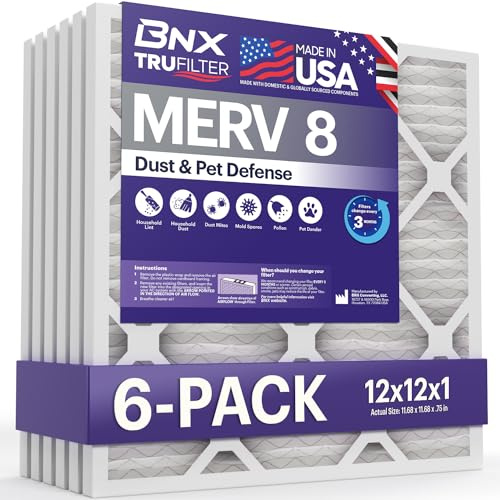 BNX TruFilter 12 x 12 x 1 luftfilter MERV 8 (6-pack) - TILLVERKAD I USA – damm- och husdjursförsvar veckad luftkonditionering HVAC ugnsfilter för damm, husdjur, form, Pollen, MPR 600 – 700 & FPR 5