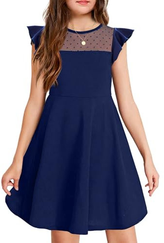 Arshiner Girls Dress Plain Flutter Sleeve Mesh A Line Skater Dress Party Sundress with 2 Side Pockets Casual Summer Dresses 12-13T Navy Blue 160