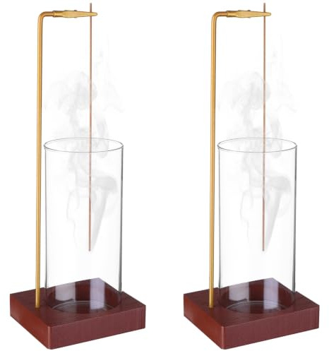 2Pcs Incense Holder for Sticks, Wooden Incense Burner Glass Ash Catcher | 2 in 1 Incense Stick Holder with Adjustable Clip, Removable Easy Clean Glass Tube, For Yoga Spa And Meditation