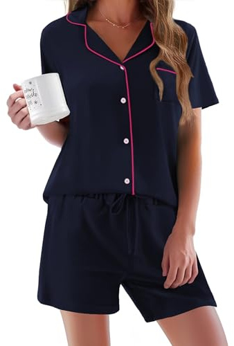 Ekouaer Ensemble de Pyjama Femme à Manches Courtes Pyjama Ete 2 Pièces Vêtements de Nuit en Boutonnée,S-2XL