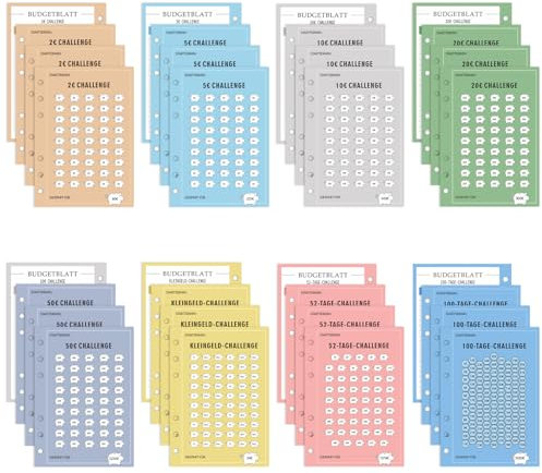 32er Set - A6 Sparchallenge Bugetplaner Deutsch, Giantzhong 8 Spar Challenge - Budget Planner Set Mit 2€, 5€, 10€, 20€, 50€, Kleingeld, 52 TAGE, 100 TAGE
