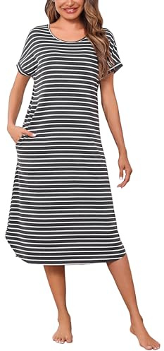 Litherday Camisón Mujer Verano Largo Rayas Manga Corta Bolsillos para Casa | Algodón elástico suave, manga corta a rayas, corte largo con bolsillos, fácil lavado, para dormir, casa, verano y relax