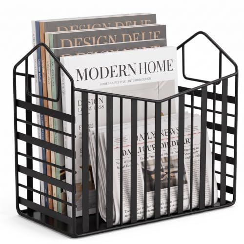 Noamus Metal Magazine Holder, Black Document File Rack with Handle | Newspaper Book Folder Mail Organizer Bin, Wire Tablet Storage Basket Stand for Home Office Bathroom Bedroom Den Living Room